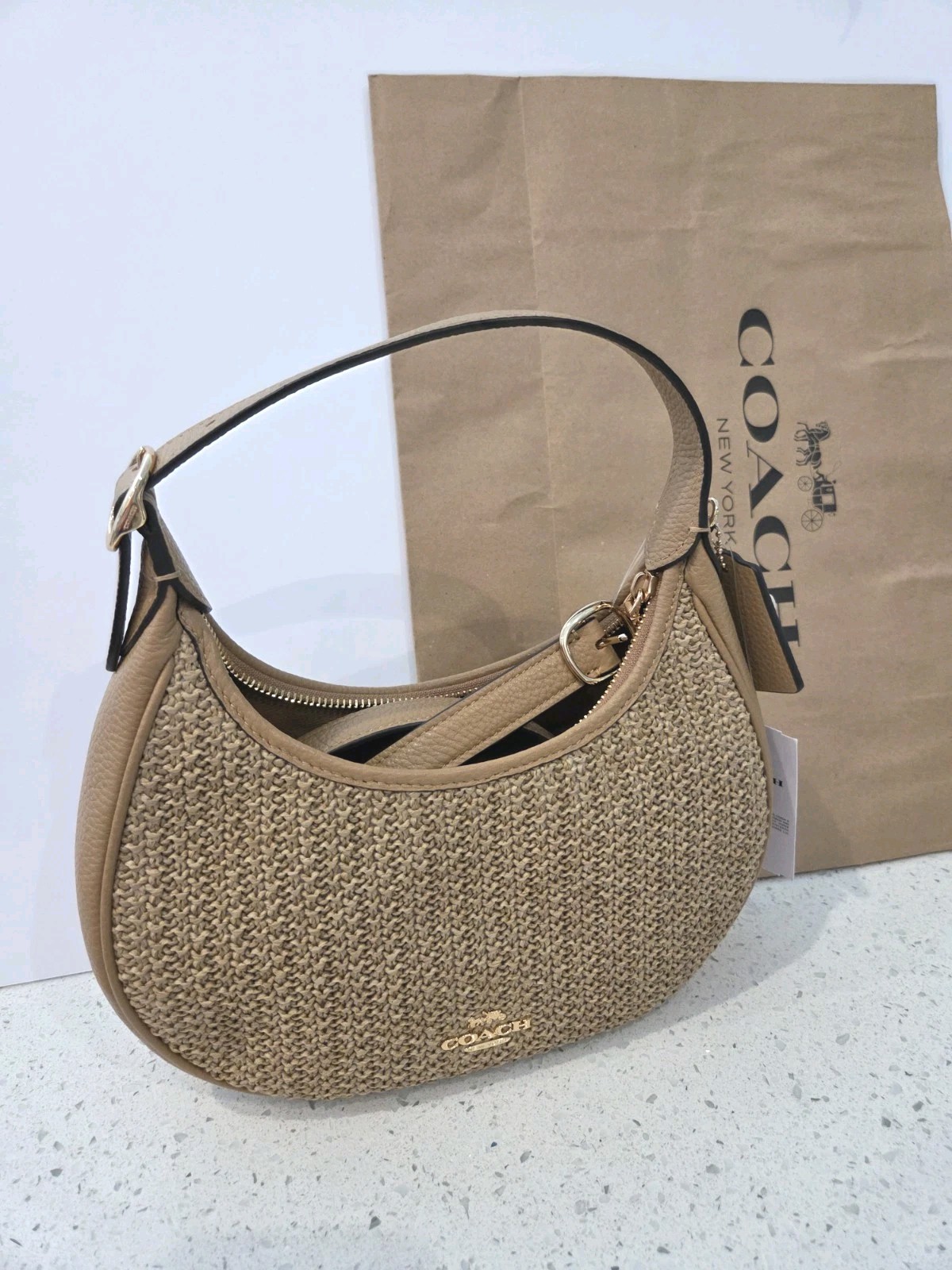 NWT COACH Emily Shoulder Bag Straw and Leather Gold Toast CDX20 Handbag w/ Charm