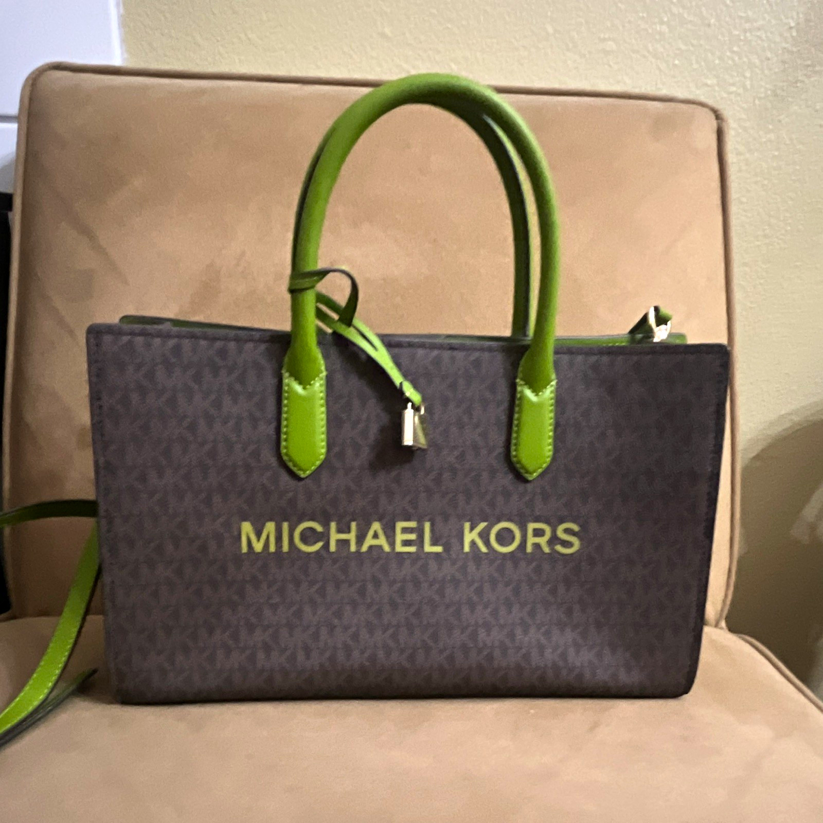 Michael Kors Logo Satchel Top Handle Bag Brown/Green Zip Detachable Strap