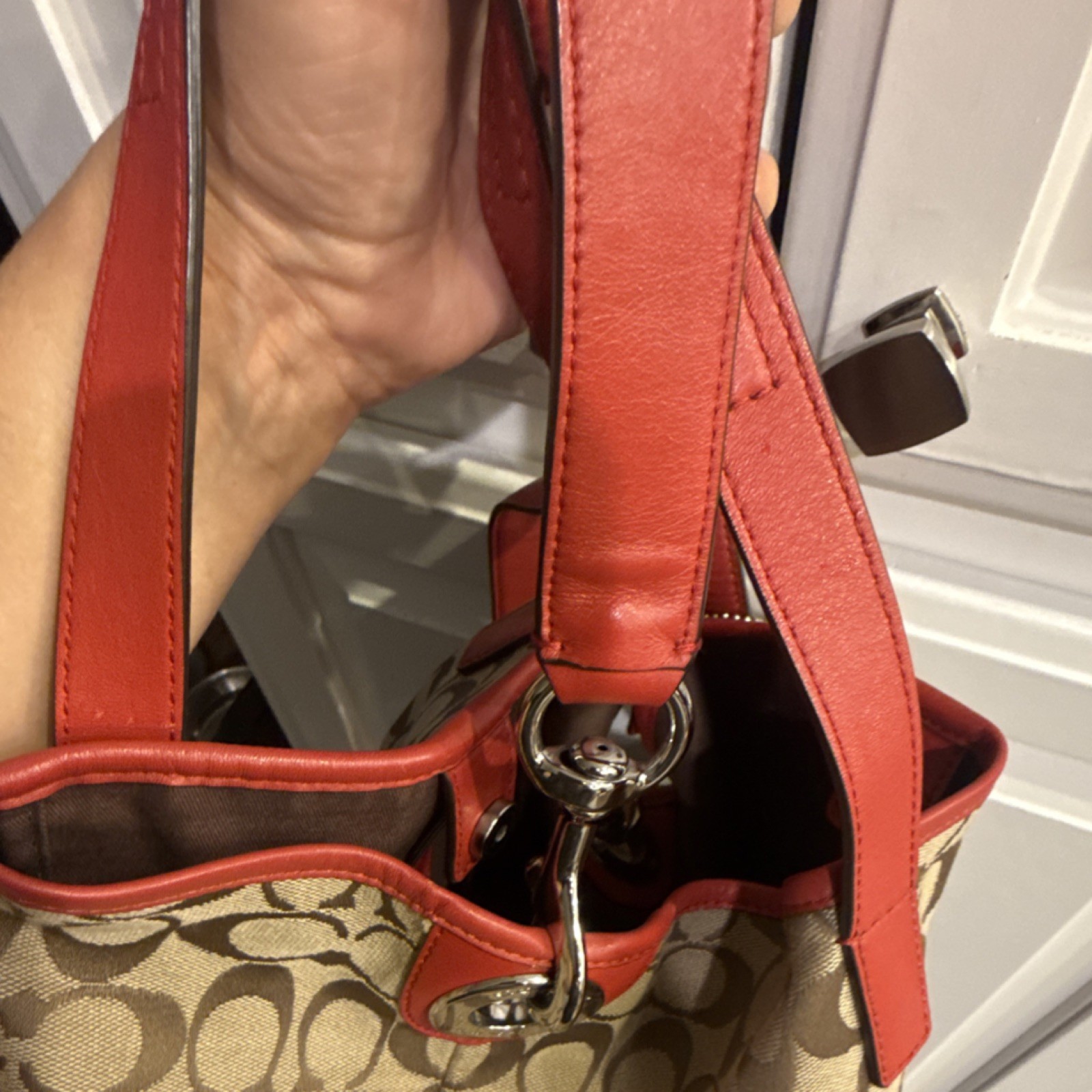 Coach Logo Beige Red Leather Trim Shoulder Bag Double Handles Inner Pockets