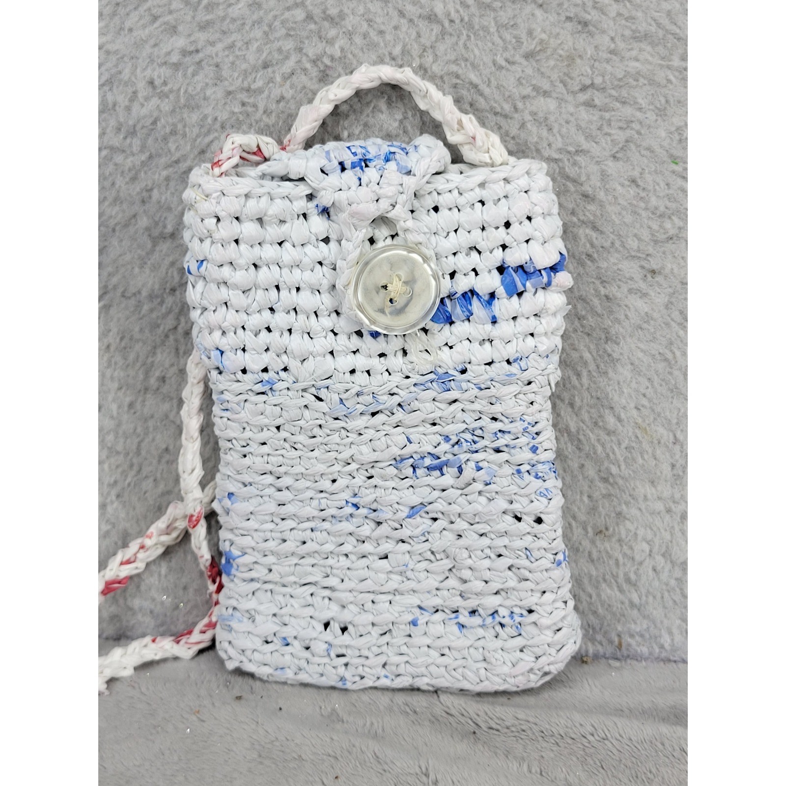 Handmade White Blue Recycled Plastic Bag Crochet Pouch Bag