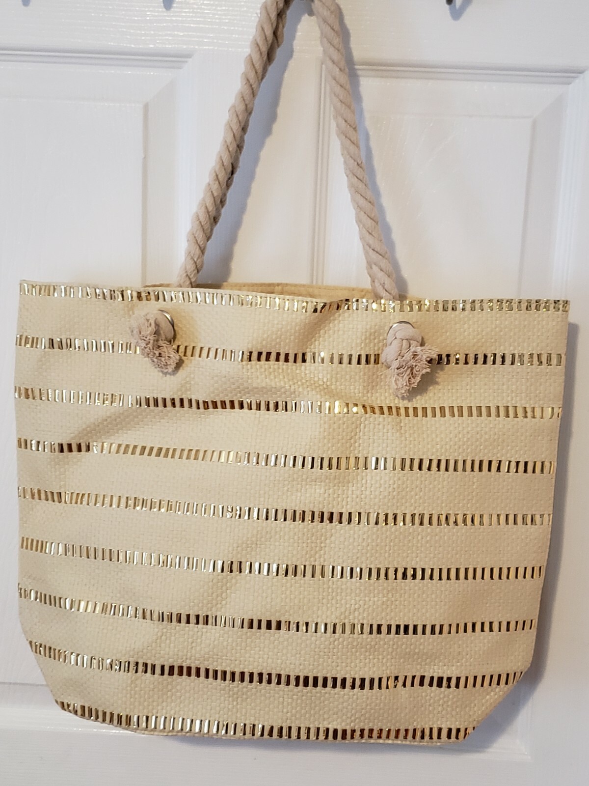 Lancome Large Tote Shopping Bag 18″ x 14″ x 5″ LINEN GOLD STRIPE