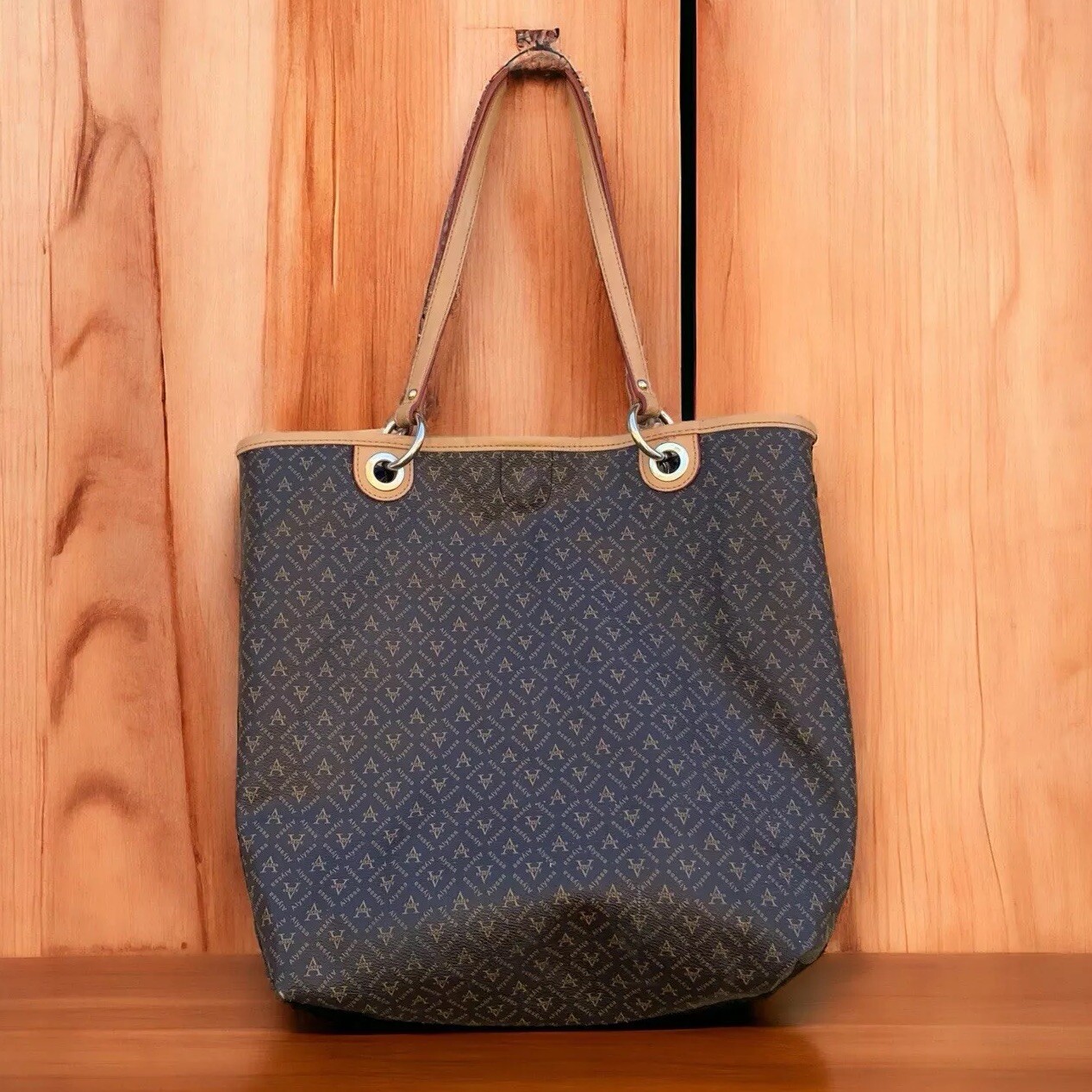 Alyssa Designer Leather Tote Bag 16×14” Double Handles A Logo All Over Print