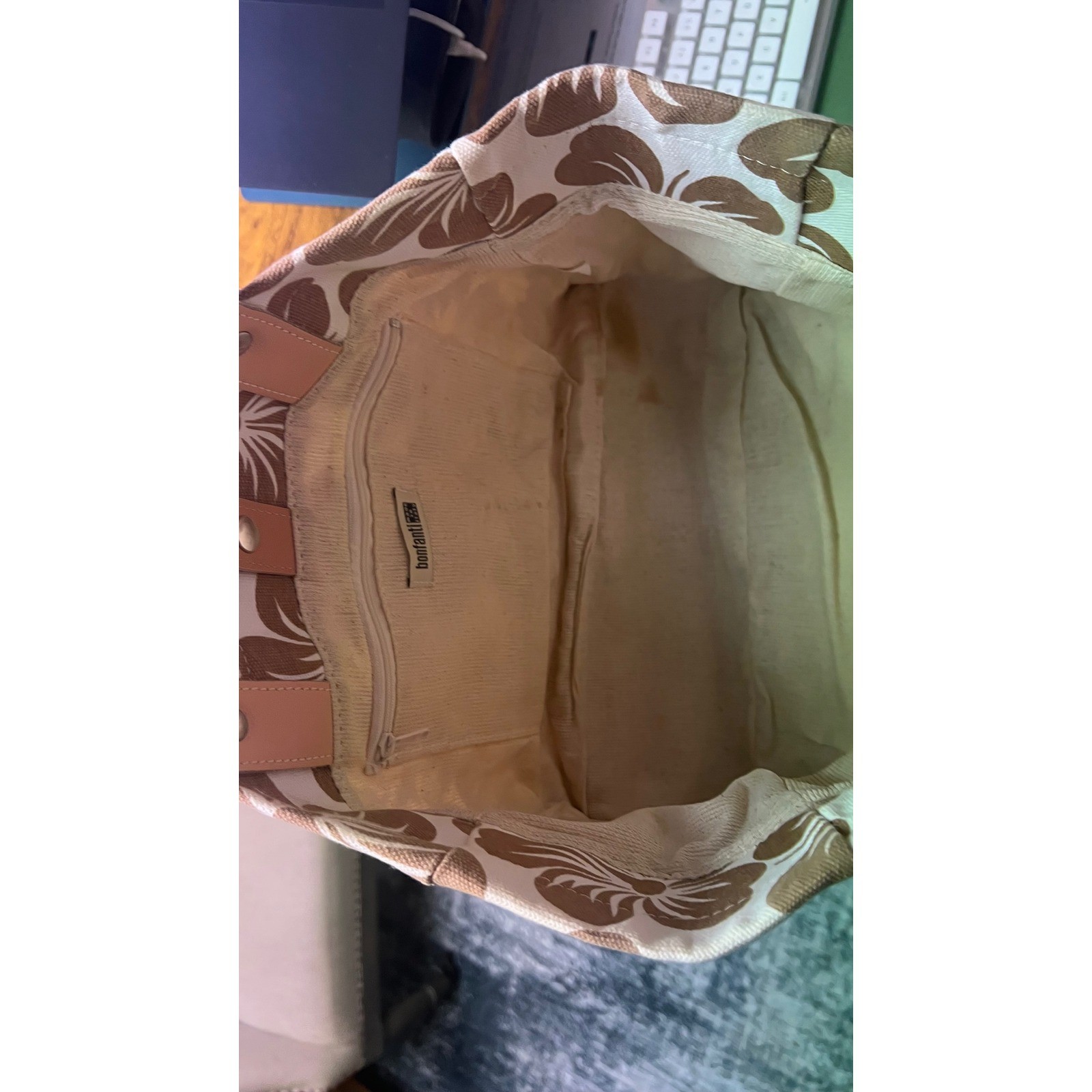 Bonfanti Tote Bag Large Cream Tan Floral Hibiscus Canvas Beach Made in Italy