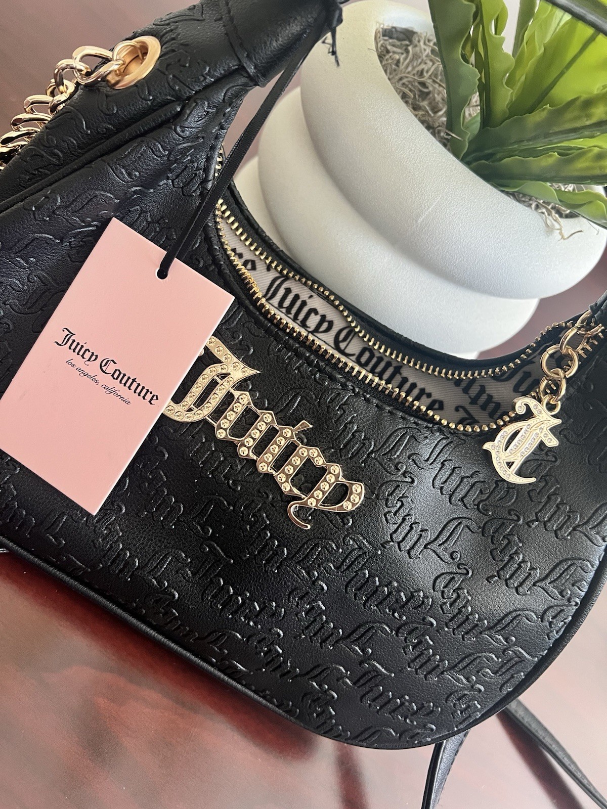 Juicy Couture Black Logo Shoulder Bag Gold Hardware Chain Strap Rhinestone Zip