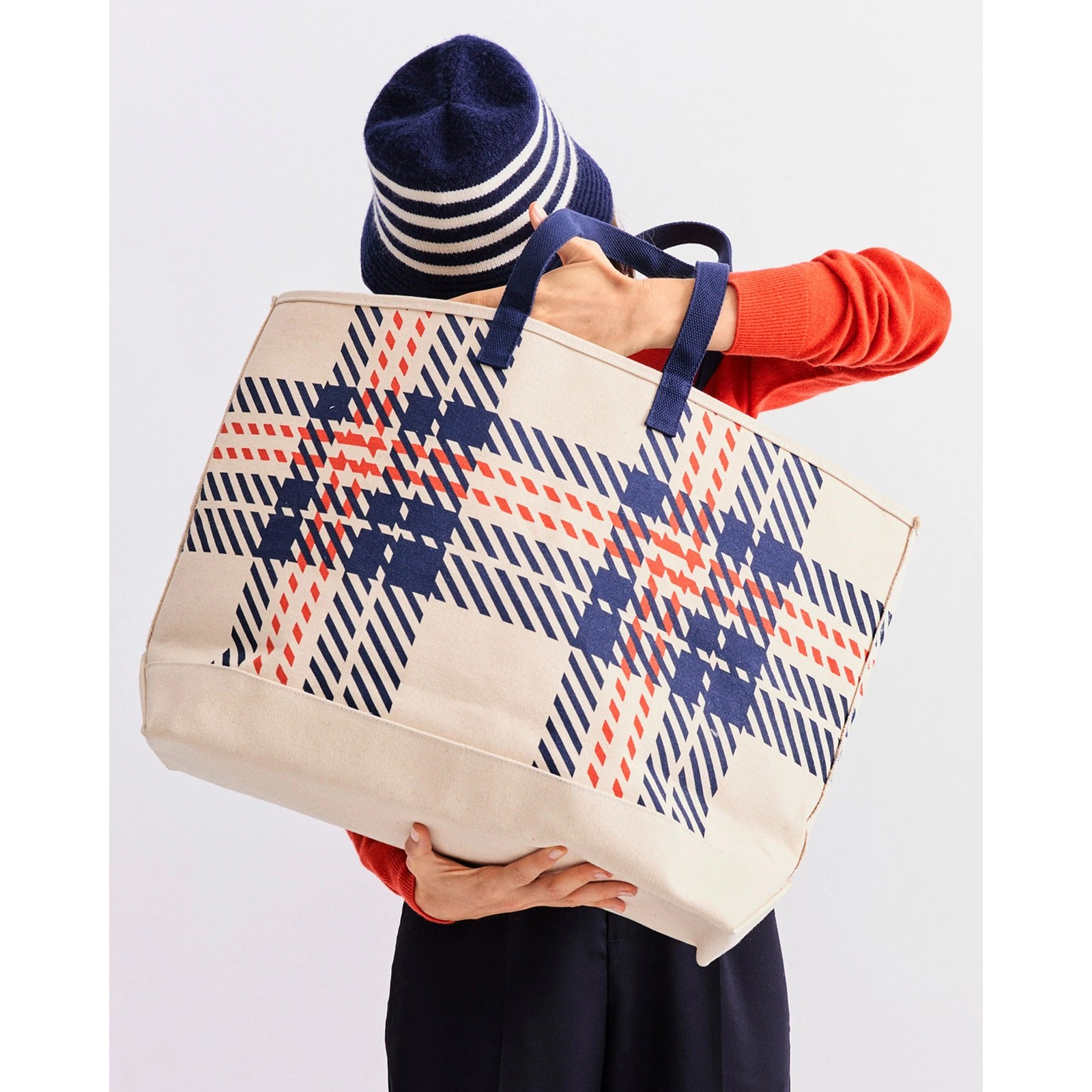 KULE Plaid Canvas Shoulder Tote Natural Navy Red Over Shoulder Carryall Bag