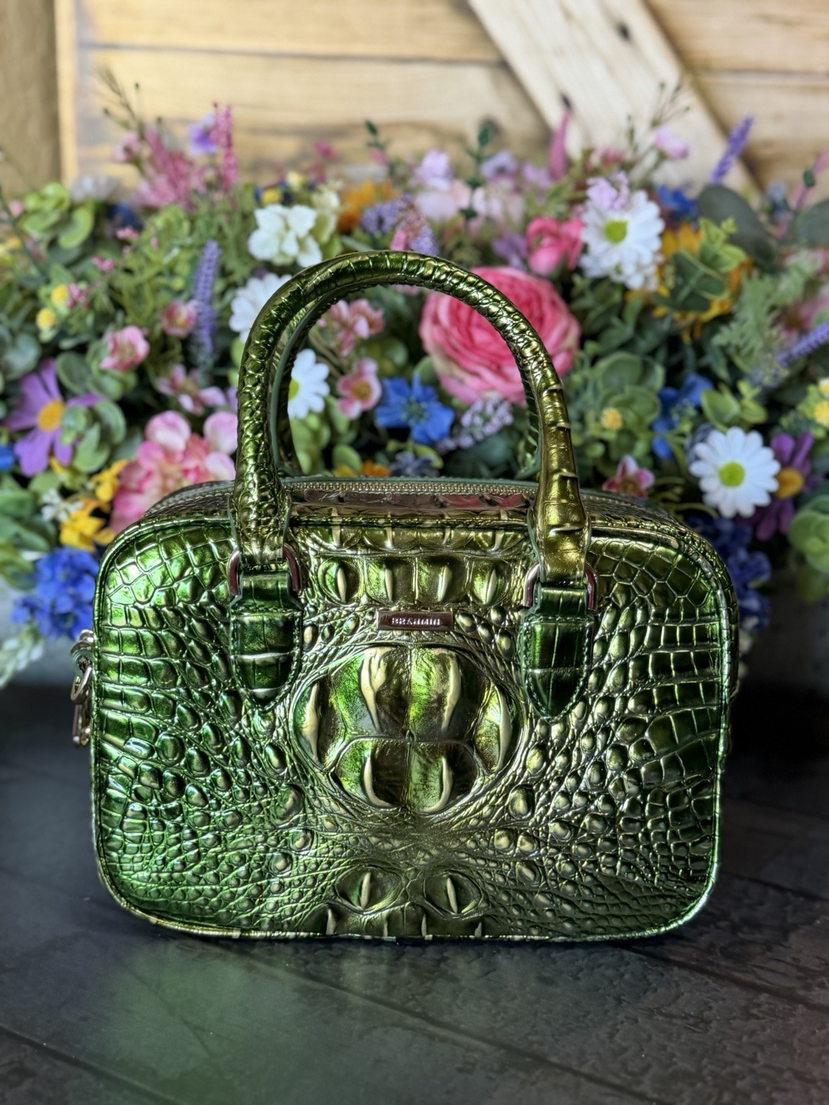 Brahmin Mara Cacti Green Satchel Pretty Eye Placement NWT Metallic Beauty