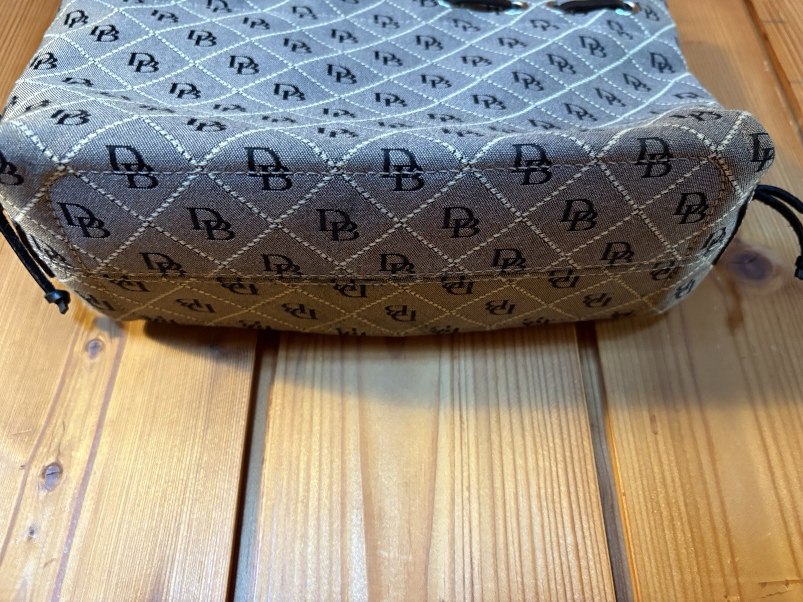 VINTAGE DOONEY AND BOURKE gray Black Monogram Handbag Canvas Leather 12x8x4.5”
