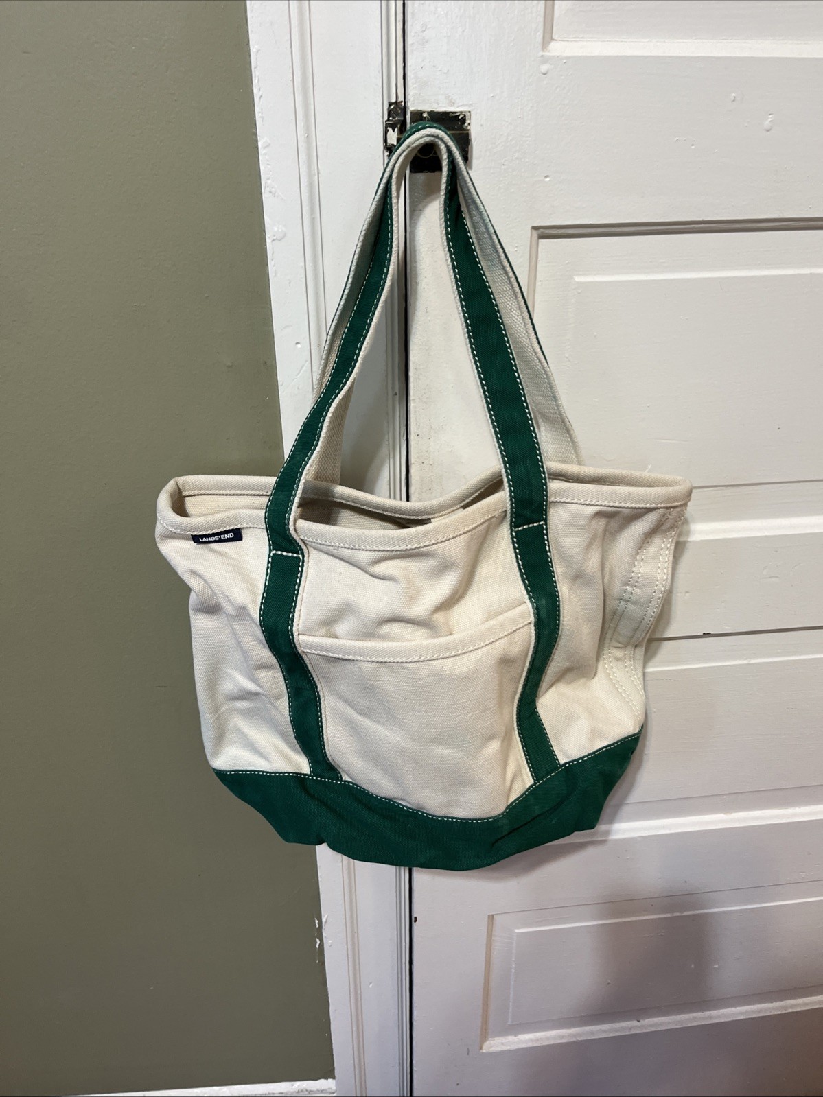 Lands End Canvas Tote Bag Cream Green Open Top Beach Nautical Pockets (B)