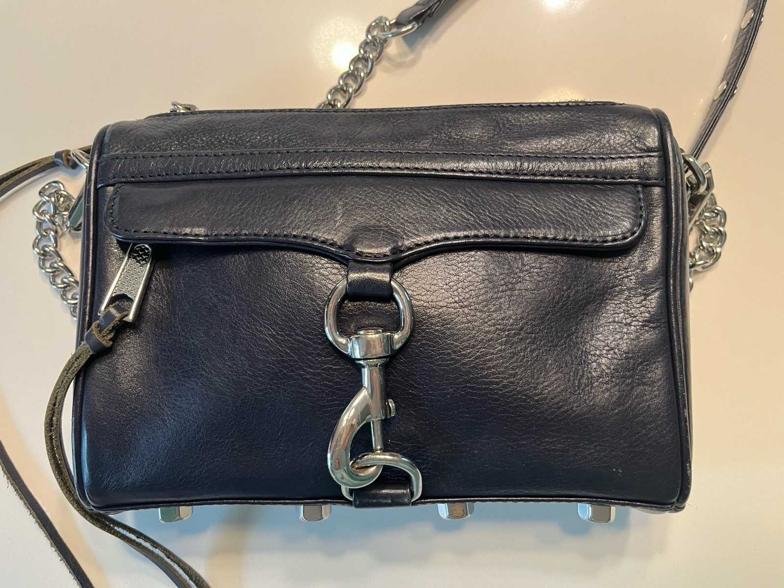 Rebecca Minkoff…Mini Mac Leather Crossbody Handbag… Silver Hardware.. Navy Blue
