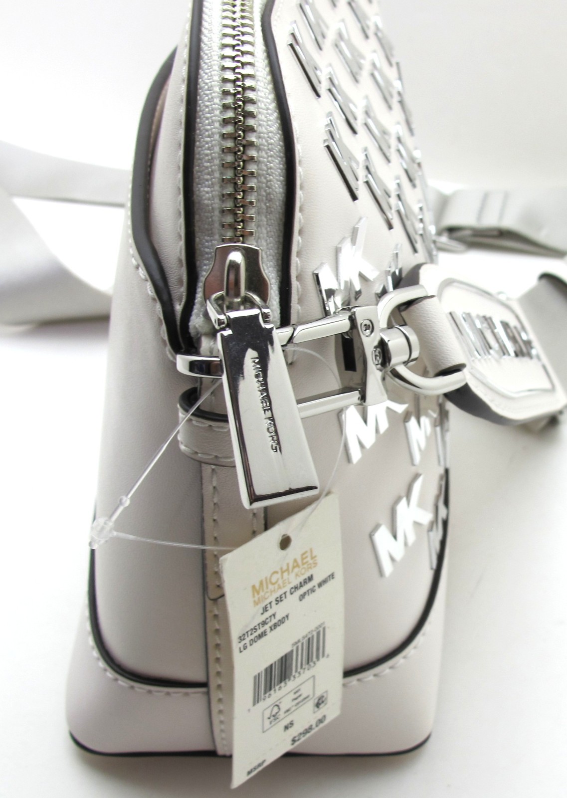 NEW Auth MICHAEL KORS JET SET CHARM LG Dome Silver MK Logo Crossbody Optic White