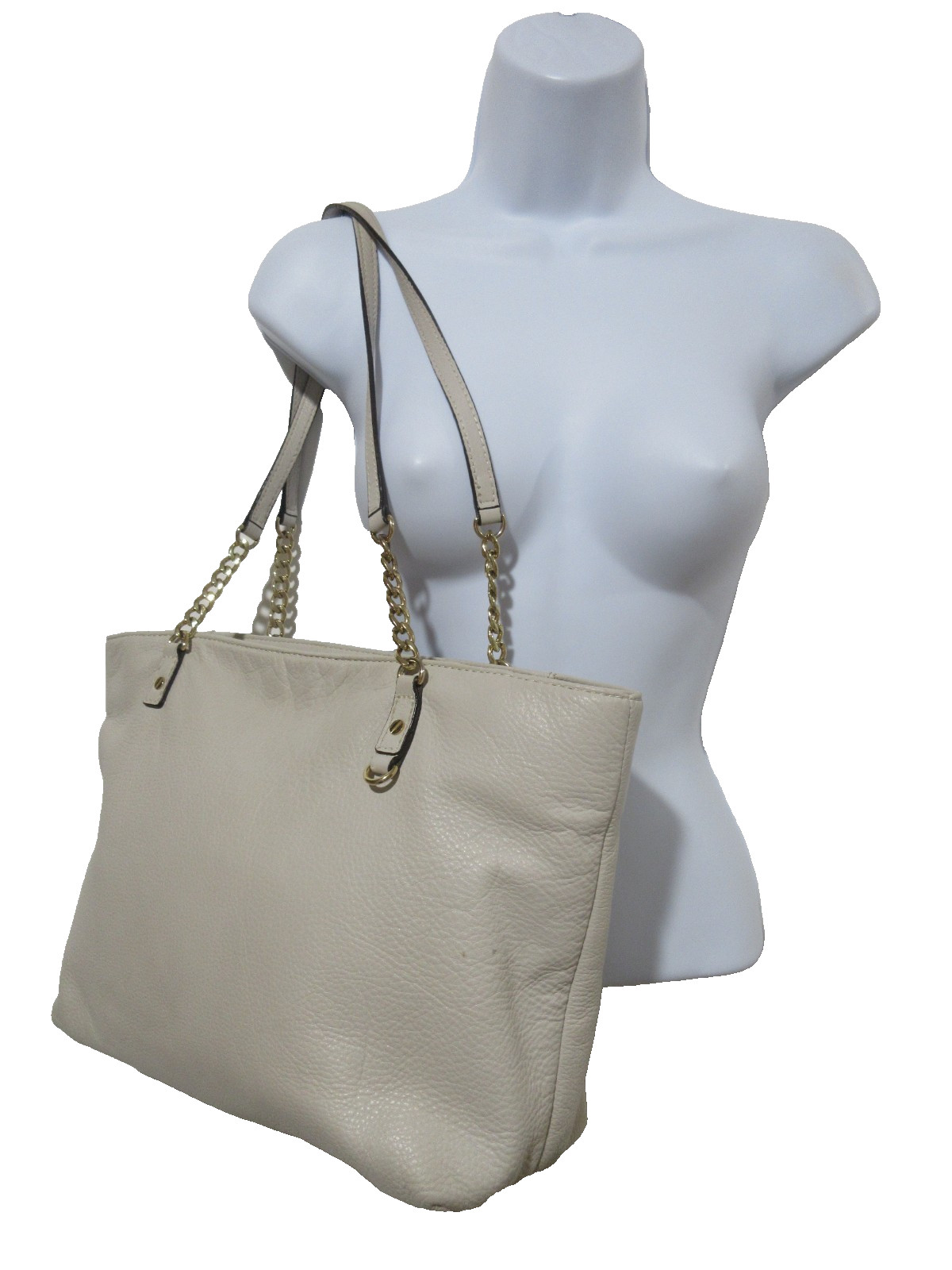 16″ Michael Kors Oatmeal Beige Pebbled Leather Tote Bag Shoulder Chain ZIPPER
