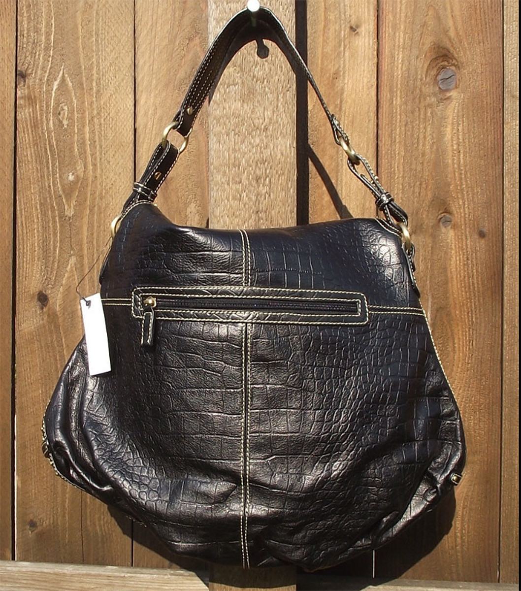 MAXX NY BLACK CROCODILE EMBOSSED GENUINE LEATHER GOLD STUD HANDBAG 16X13 NEW