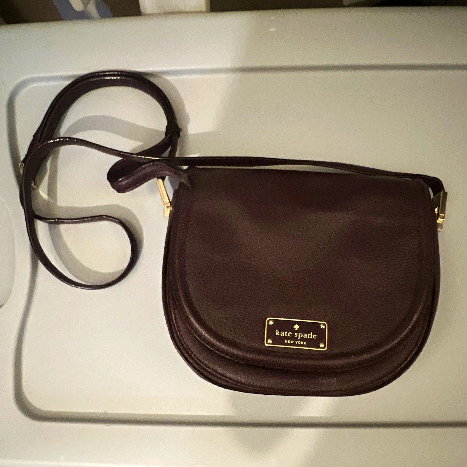 Kate Spade New York Burgundy Pebbled Saddle Crossbody, Magnetic, Gold