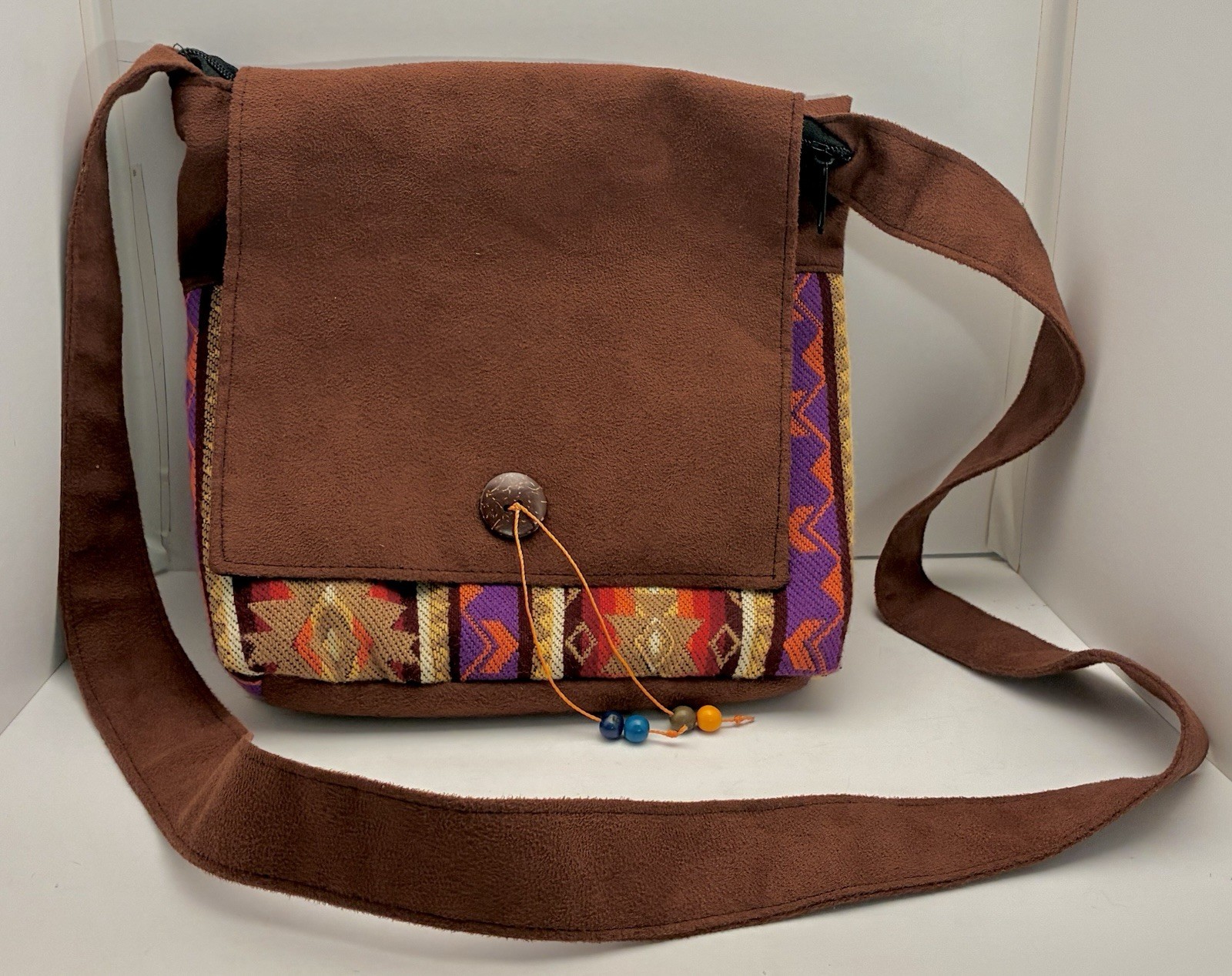Handmade Brown Geometric Boho Crossbody Bag Button. Zip Closure Faux Suede Lined