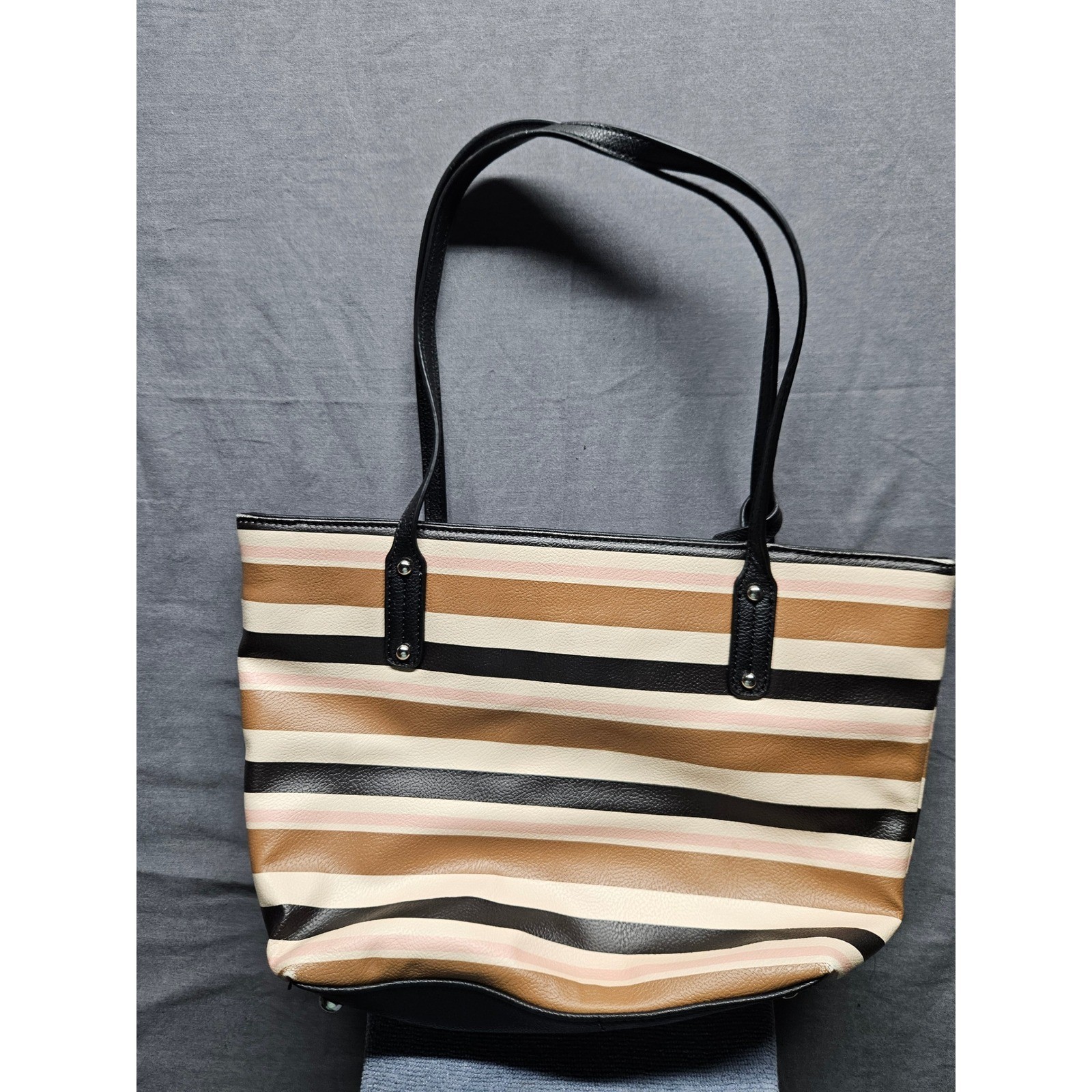 Nine West Tote Bag Striped Faux Leather Shoulder Bag Tan Black