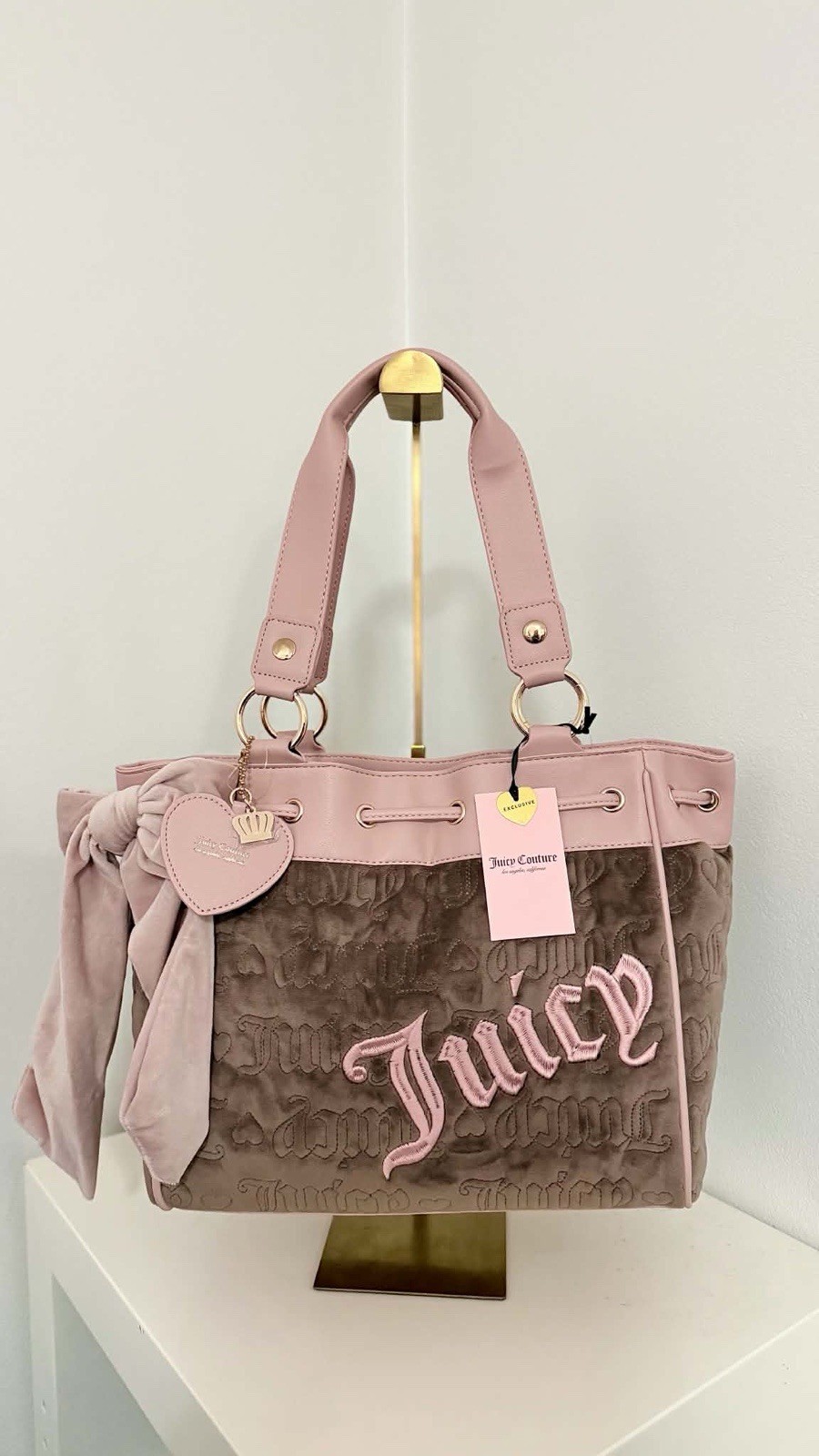 Juicy Couture pink/brown velvet tote drawstring logo bow w/ heart charm