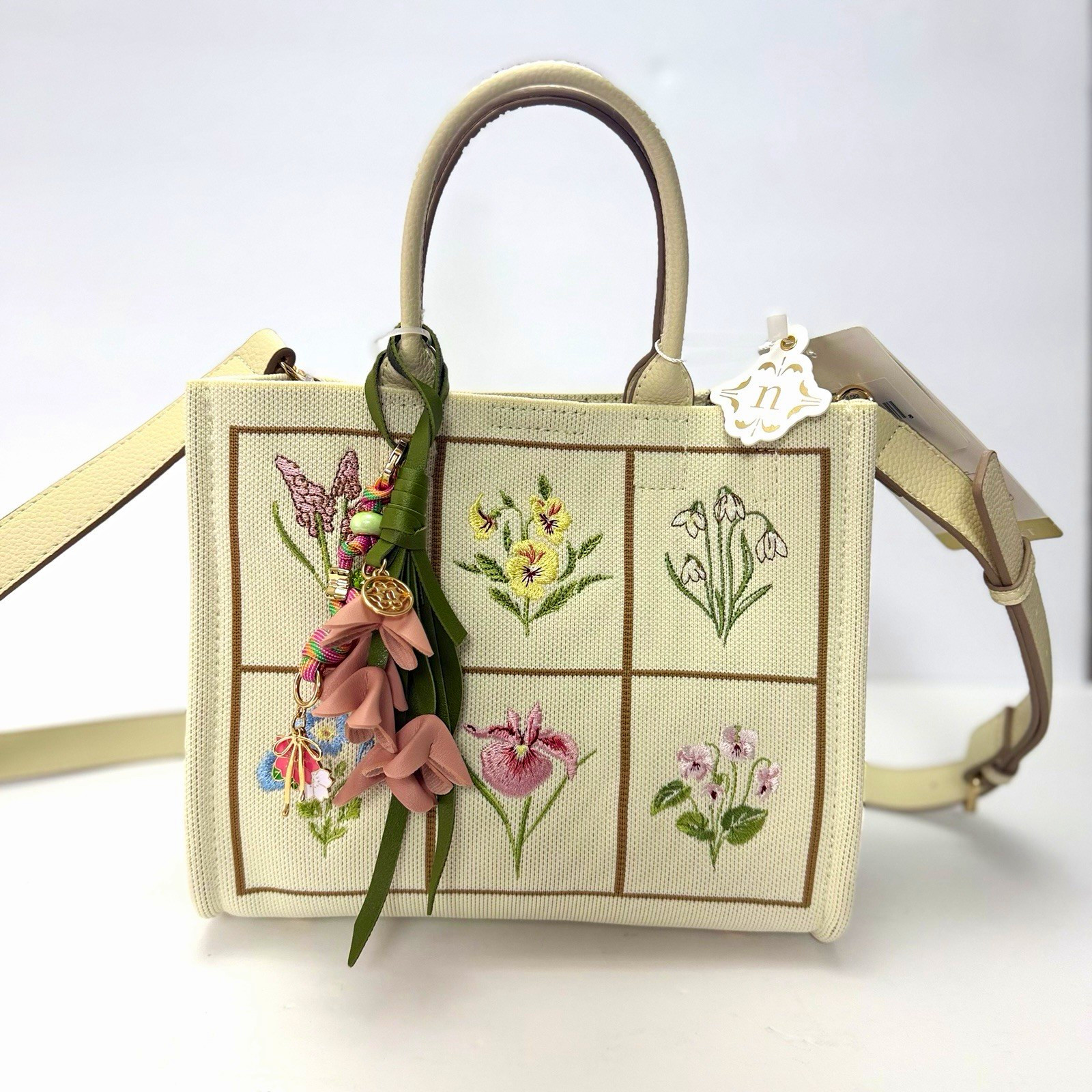 Nanette Lepore Ivory Floral Embroidered Satchel Bag Charm Detachable Strap