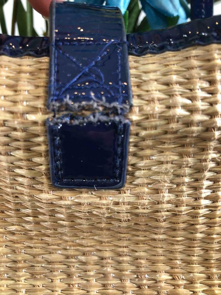 JONATHAN ADLER “Duchess” Straw/ Royal Blue Patent Leather Large Tote Bag