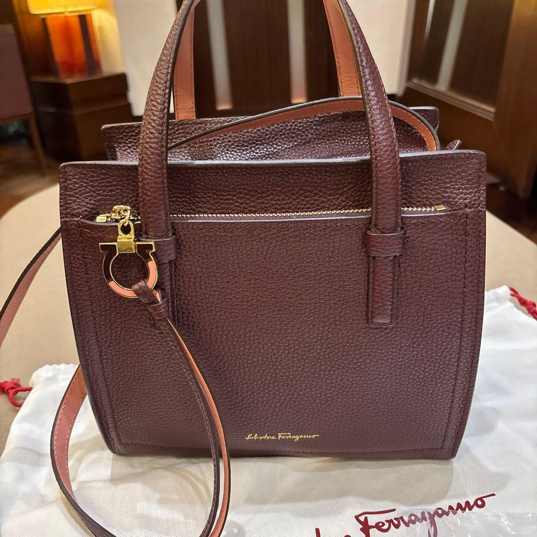 Authentic Salvatore Ferragamo Amy Leather Shoulder Bag 10.6in Bordeaux & Salmon