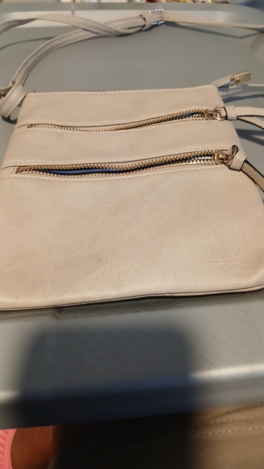 Women’s Beige Crossbody Bag Double Zip Striped Lined, Inner Pockets Gold
