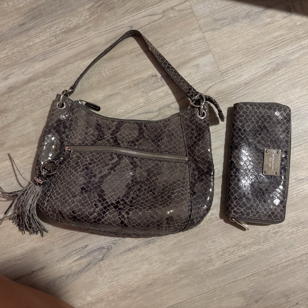 Michael Kors Gray Snake Print Shoulder Bag w/ Detachable Strap & Zip Wallet