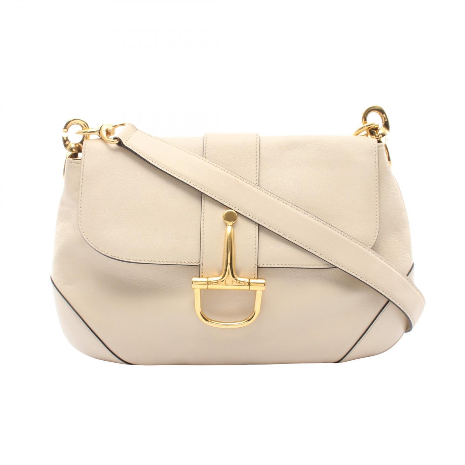 CELINE logo Shoulder Bag leather Beige Used Women