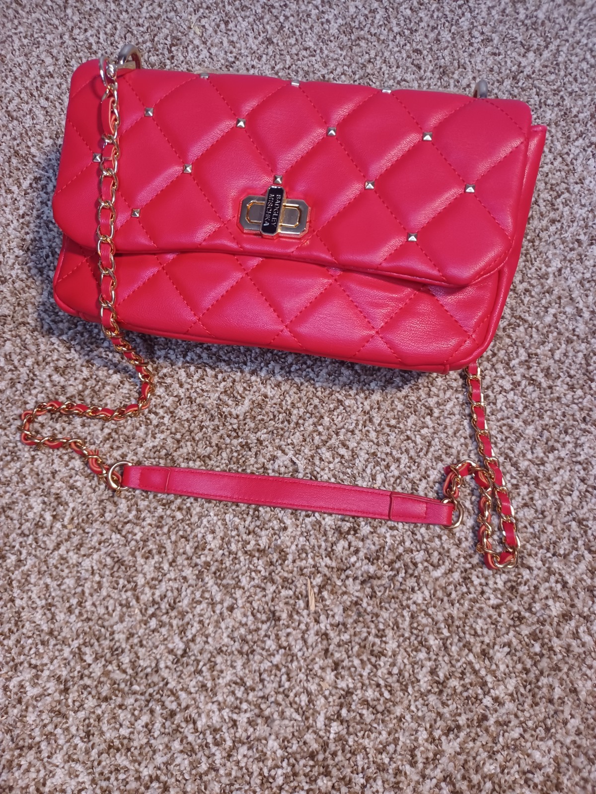 Badgley Mischka Red Studded Diamond Quilted Shoulder Bag, Crossbody