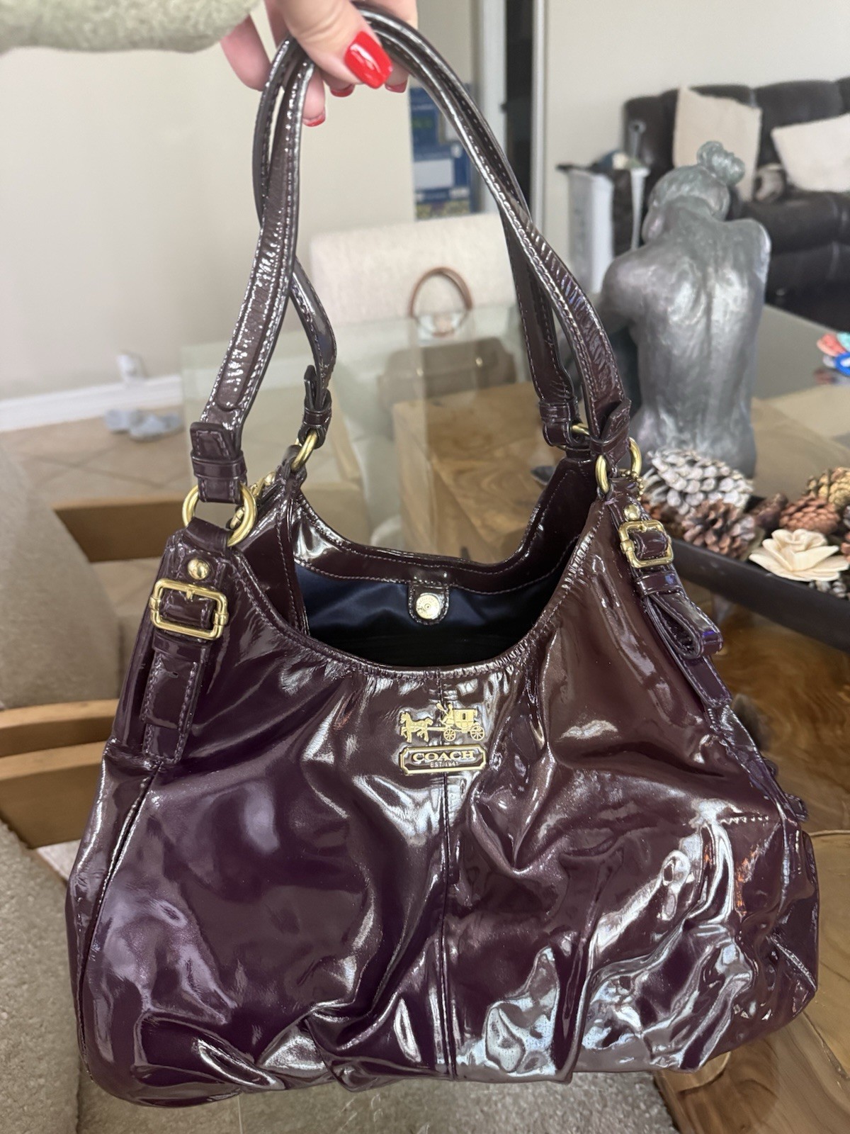 Coach 18760 Madison Maggie Plum Purple Patent Leather Hobo Shoulder Bag