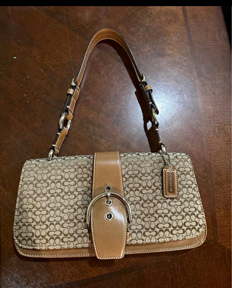 Coach Signature Logo Flap Shoulder Bag Magnetic Close Small Beige Brown