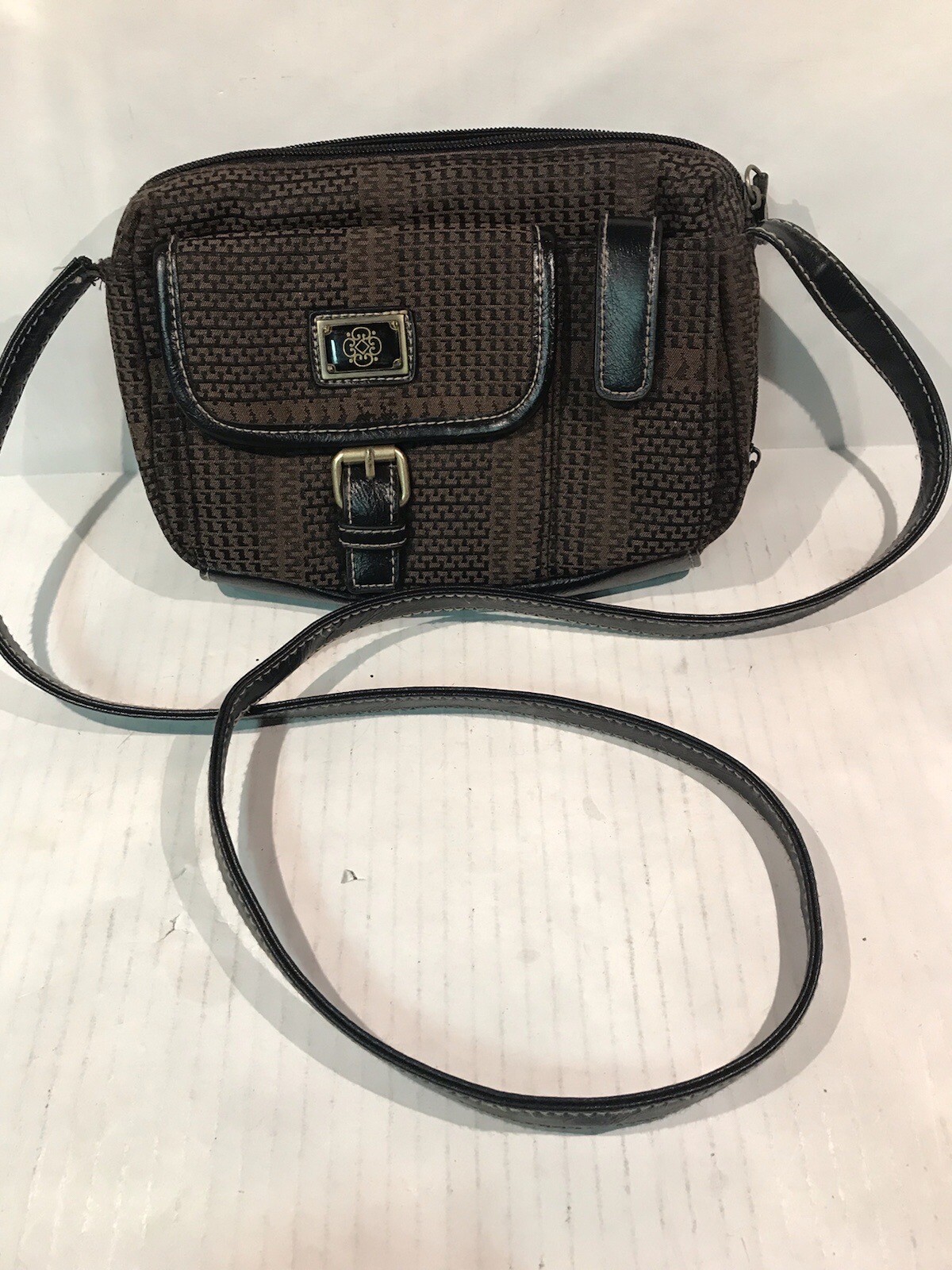 Purse Brown Plaid Design Black Trim Shoulder Strap Buckle Accent Zip & Snap VTG