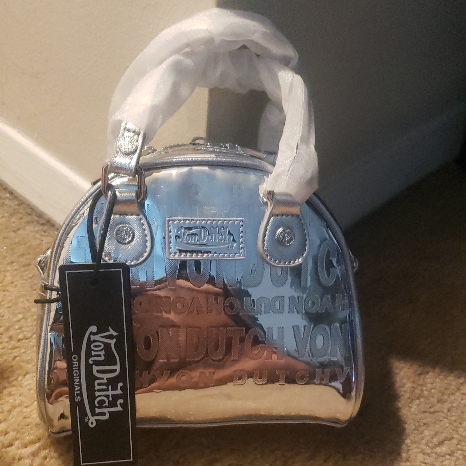 Von Dutch Silver Metallic Logo Small Dome Satchel Top Handle Zip Detach Strap