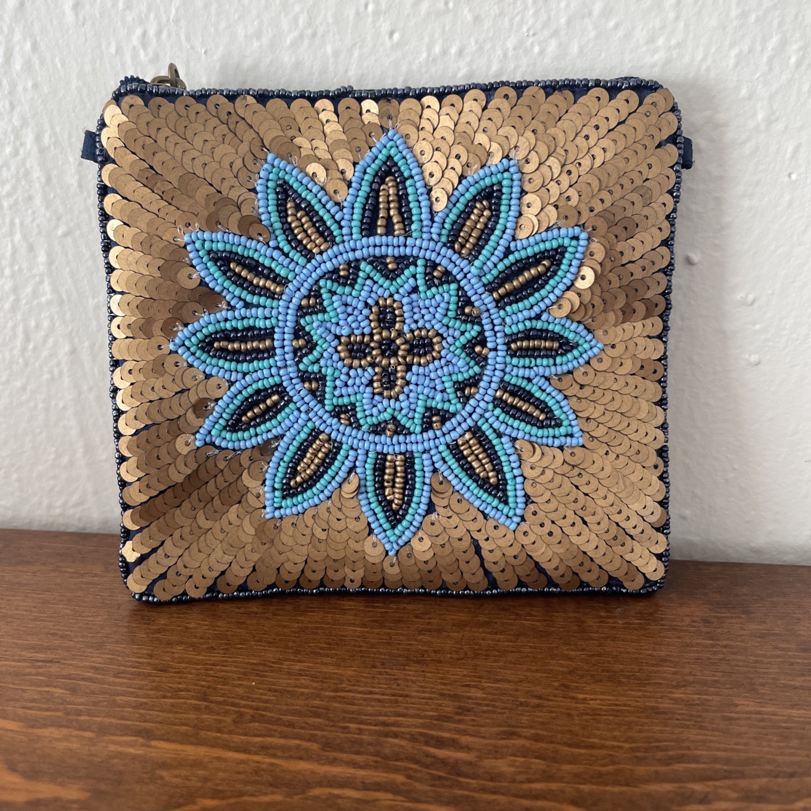 David Jeffery Blue/ Gold Beaded Evening Clutch Purse Mandala Sun Flower Sequins