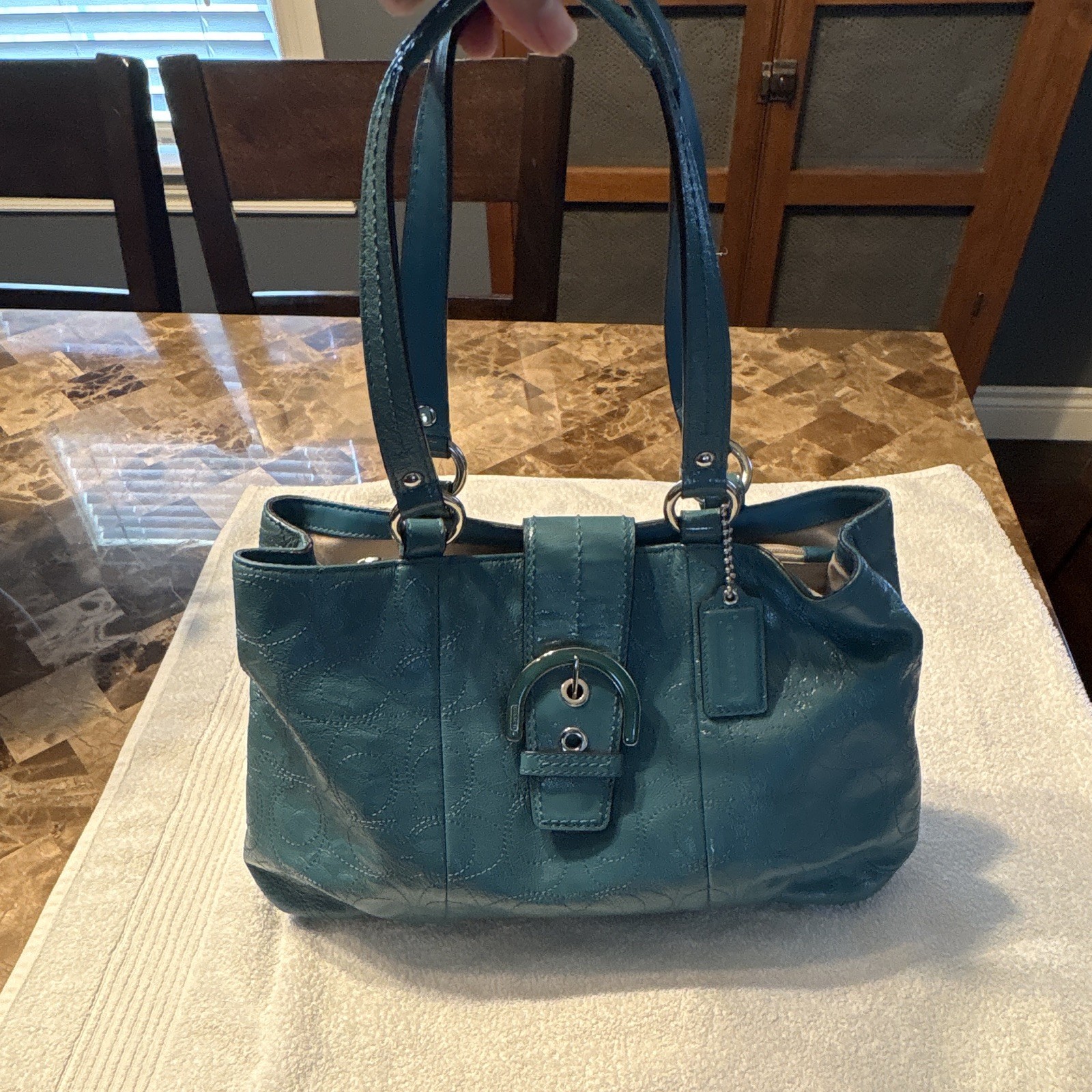 Coach Teal Soho Leather Shoulder Bag Zip Closure Silver Hardware Bag Charm