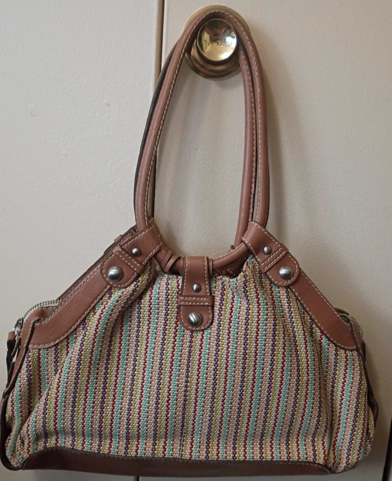 Vintage Y2K Fossil Purse Multicolored Woven Straw w/ Leather Accent Tote Bag