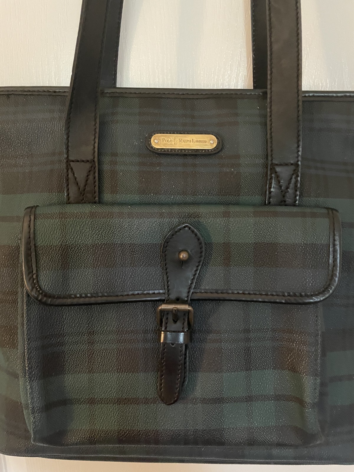 RALPH LAUREN Green/Black TARTAN WATCH PLAID Coated Canvas/Leather Shoulder Bag