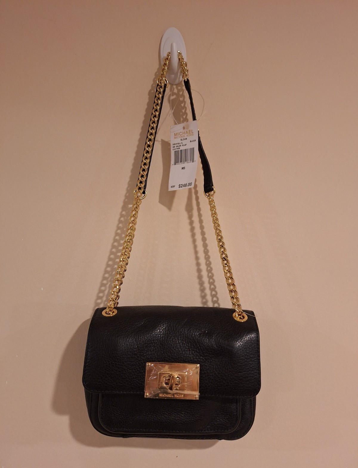 Michael Kors Small Black Shoulder Bag Turn Lock Flap Gold Chain Strap Pockets