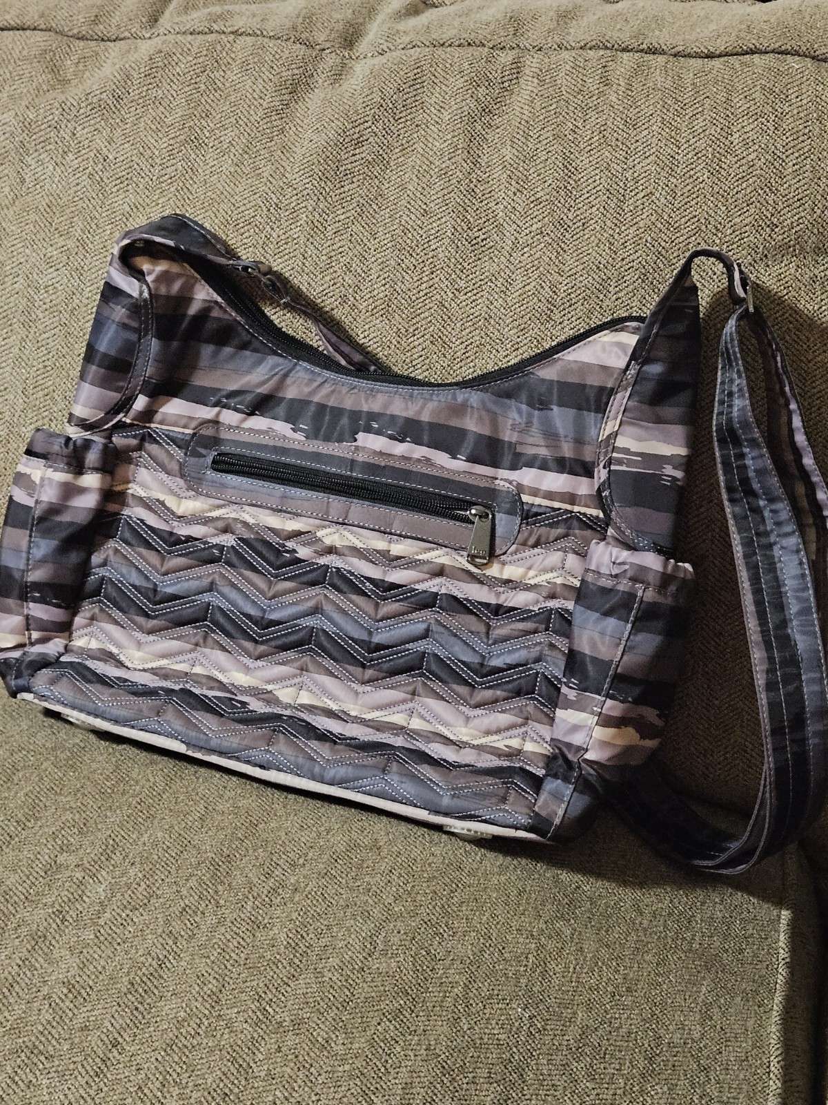 Lug Camper Crossbody Bag Multi-Colored Stripe Pattern Gray Lavender Black Brown