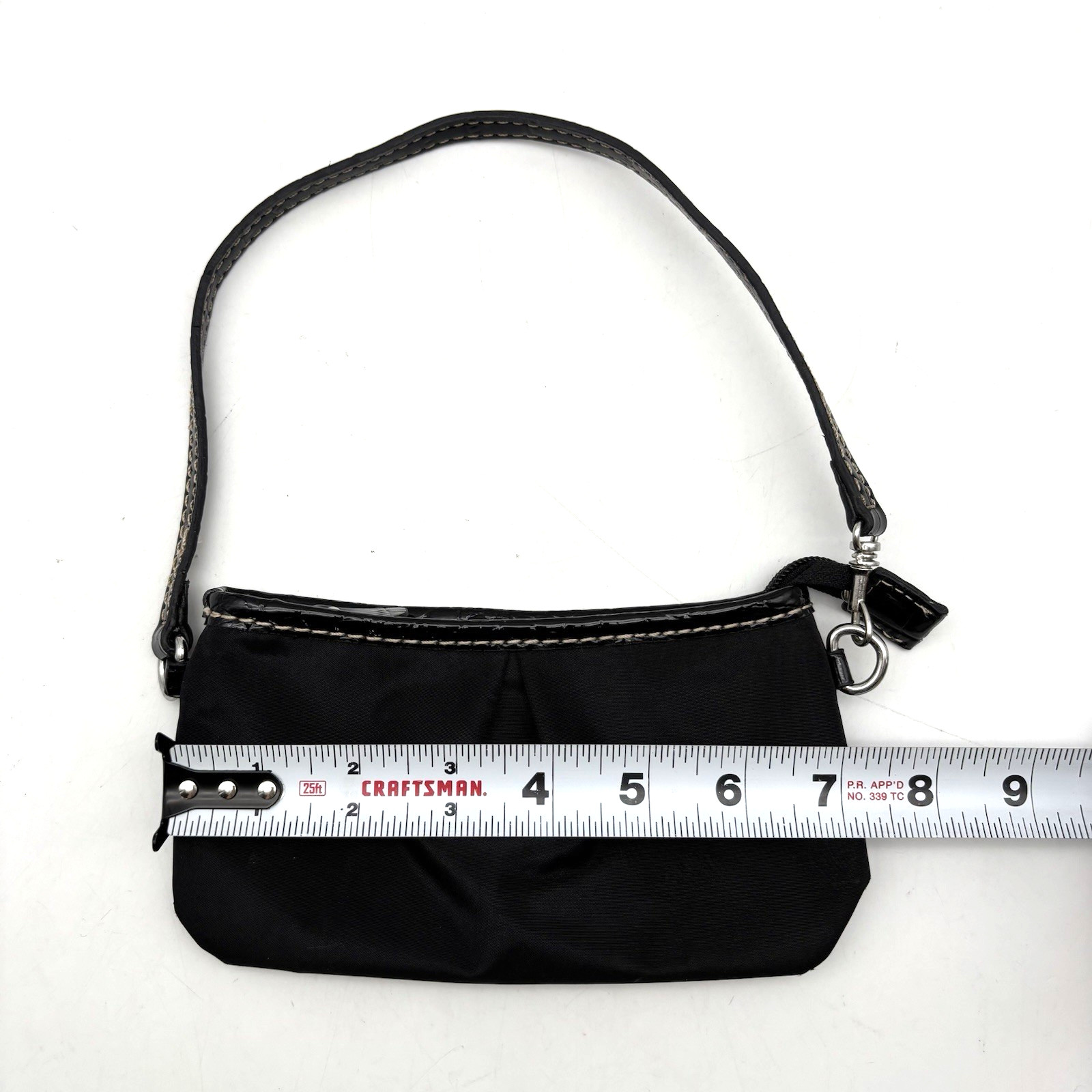 Liz Claiborne Black Polyester Faux Patent Trim Micro Wristlet Pouch Purse 7.25″