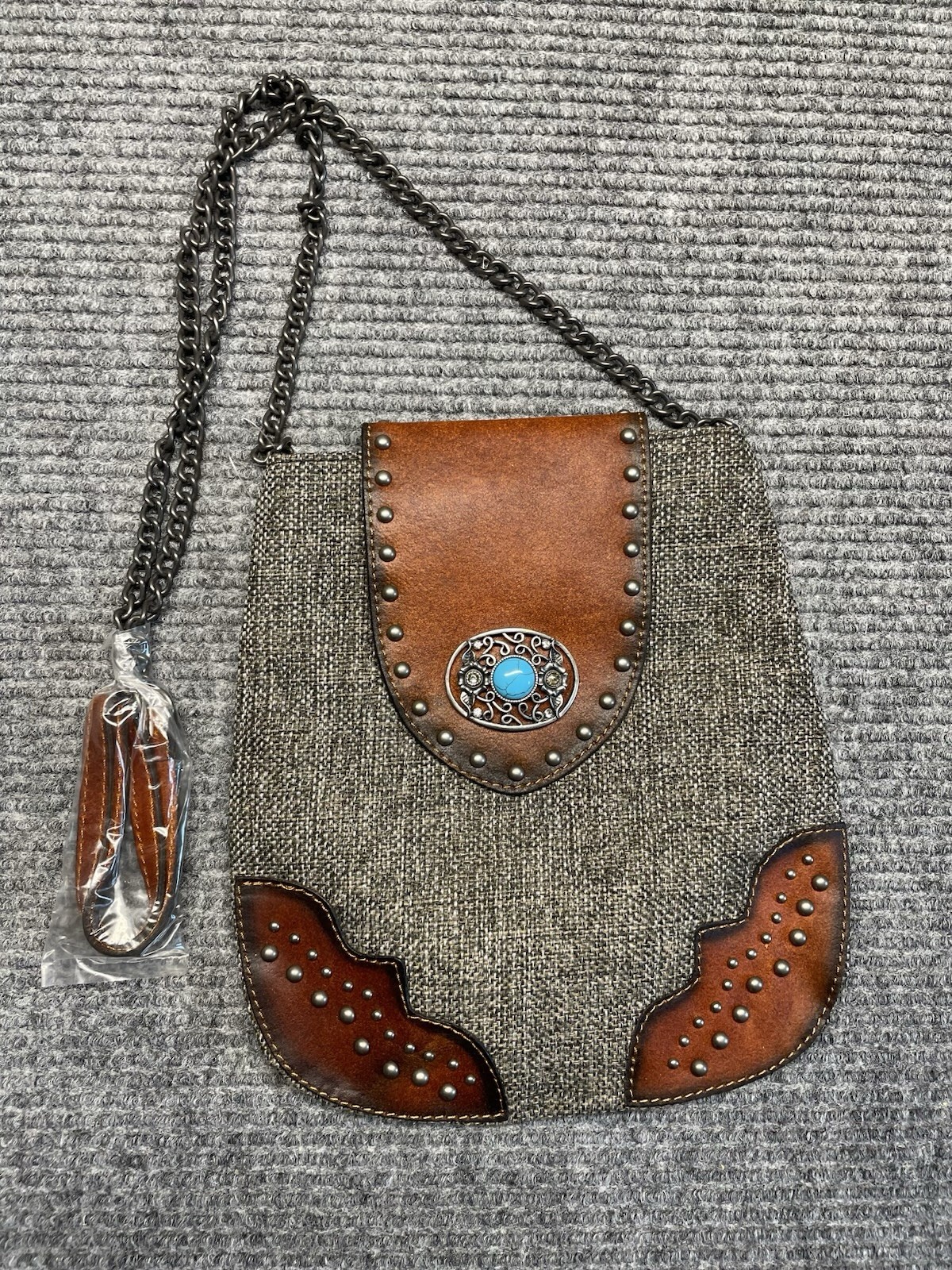 Boho-chic Western Tweed Crossbody Purse Faux Leather Trim Studs Turquoise Concho
