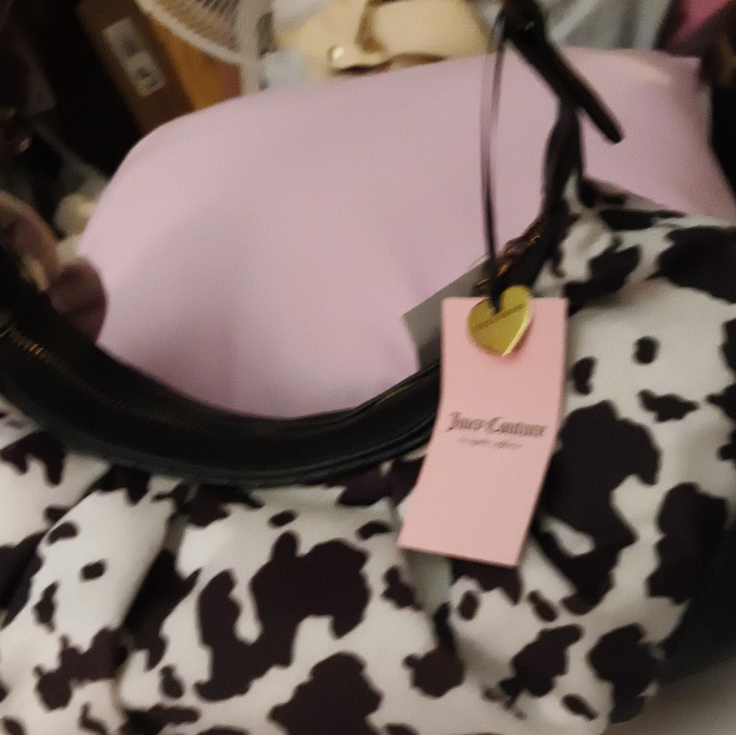Juicy Couture Black White Cow Print Shoulder Bag Zip Bow Heart Charm Gold
