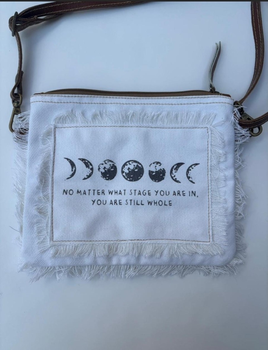 White Moons Phases Crossbody Bag w/ Brown Strap Zip