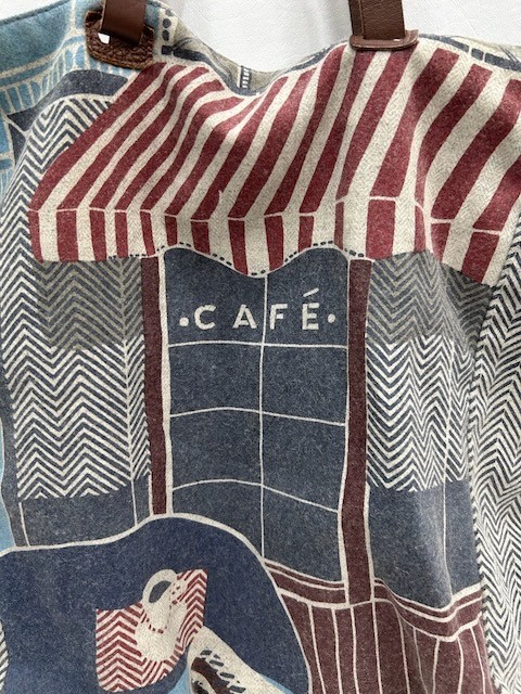 INOUITOOSH Tote Bag Cafe Print Wool Blend Leather Handle Gray 14.5in x 13in