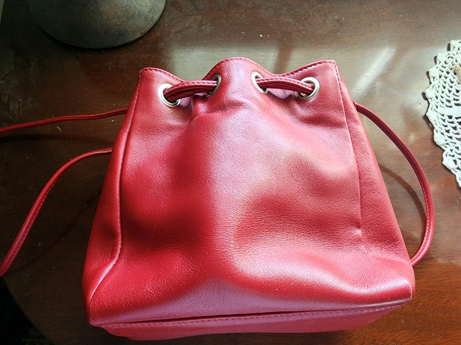 Hobo International Red Leather Drawstring Bucket Bag Crossbody