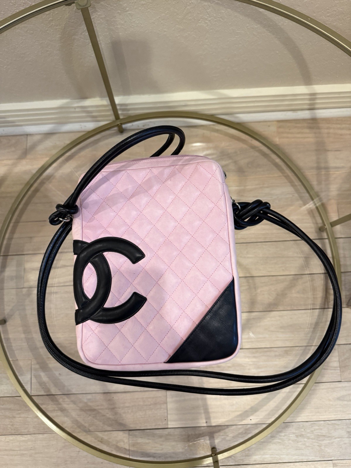 Authentic Chanel Pink Black Calfskin Cambon Ligne Crossbody Bag Zip Top