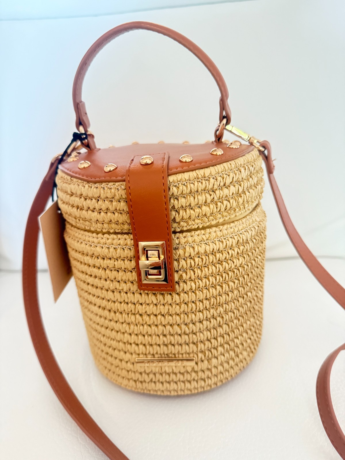 NWT RACHEL ZOE Straw Bucket Bag Tan Faux Leather Studded Crossbody bag