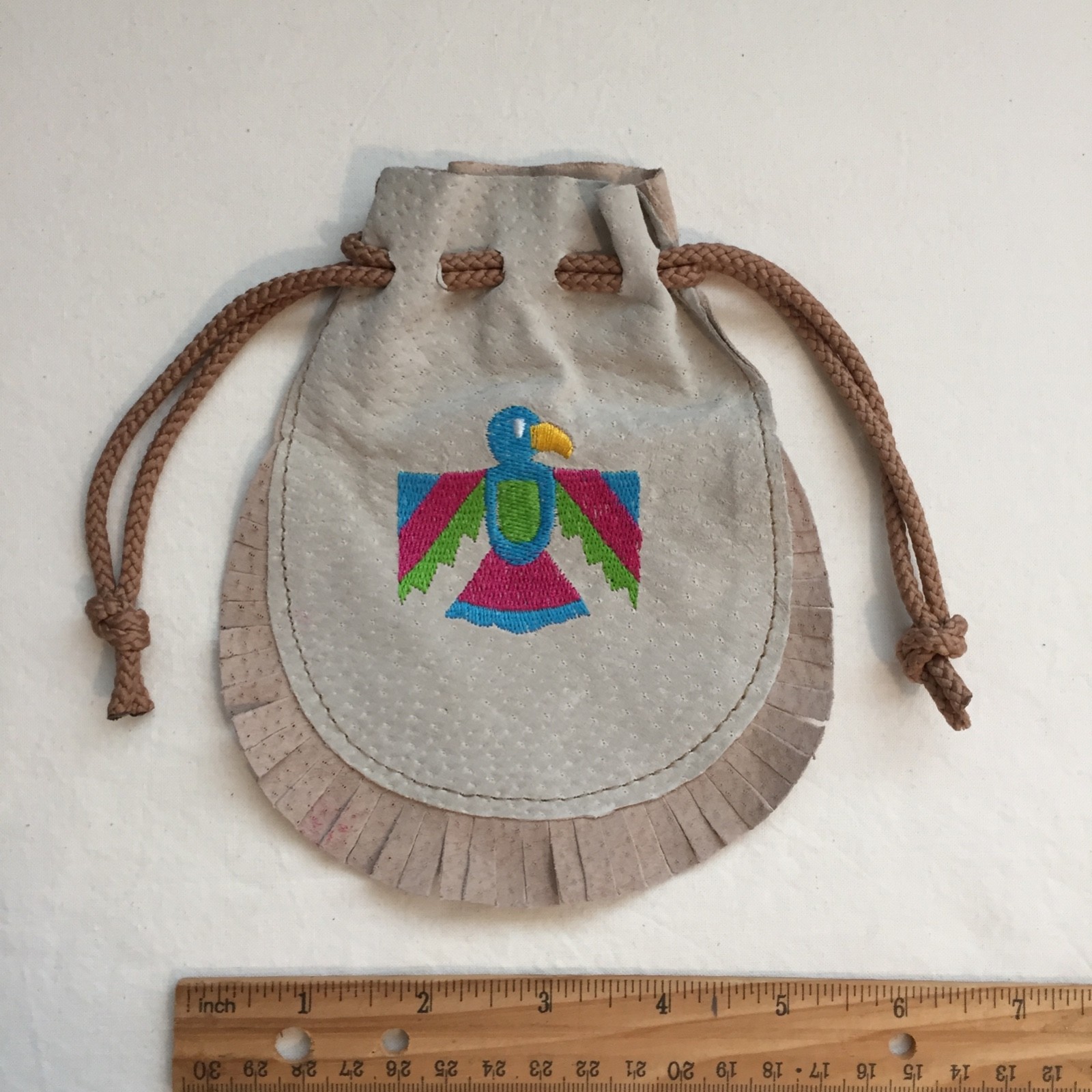 Leather Pouch Suede Medicine Bag Embroidered Coin Purse Thunder Bird Eagle