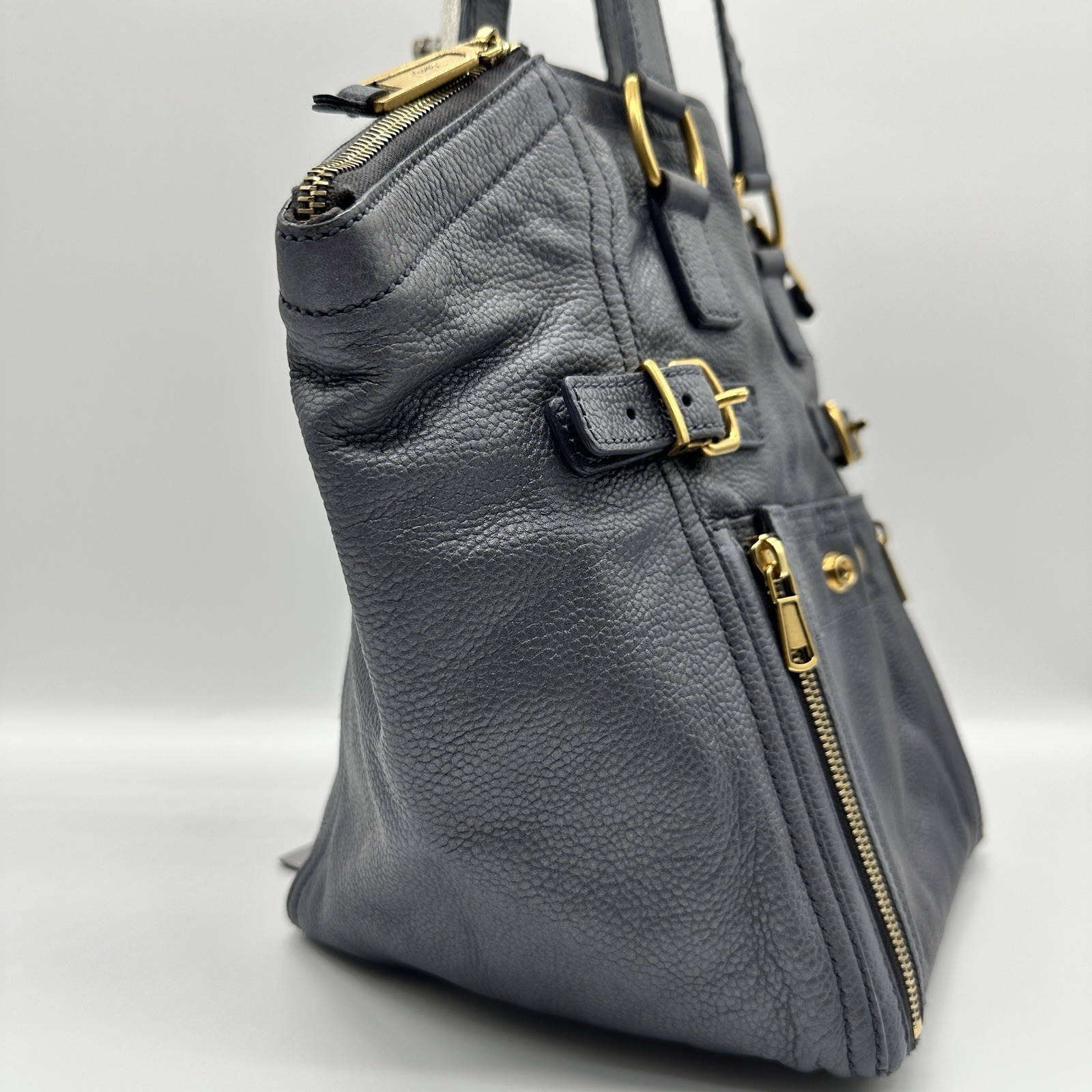 Yves Saint Laurent Rive Gauche Downtown Tote Shoulder Bag YSL Navy Leather Auth!
