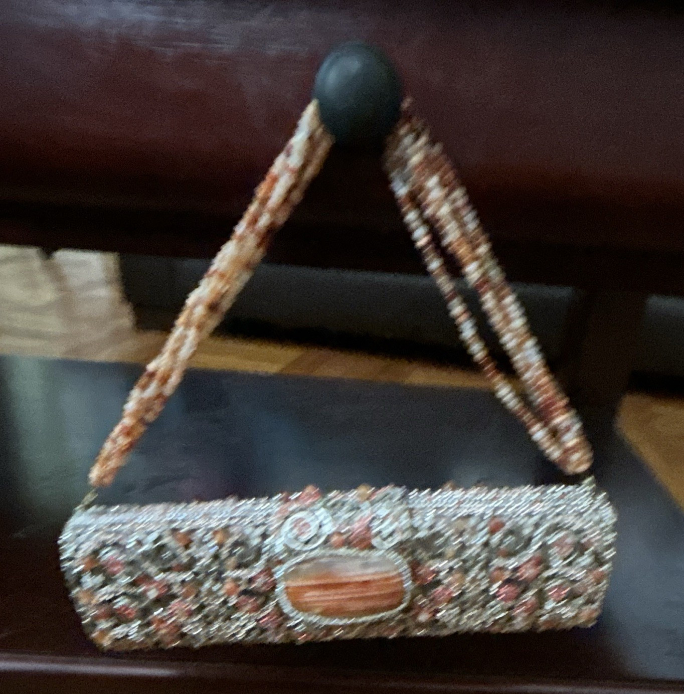 edidi New York Silver Orange Floral Rhinestone Beaded Clutch Clasp Chain Strap