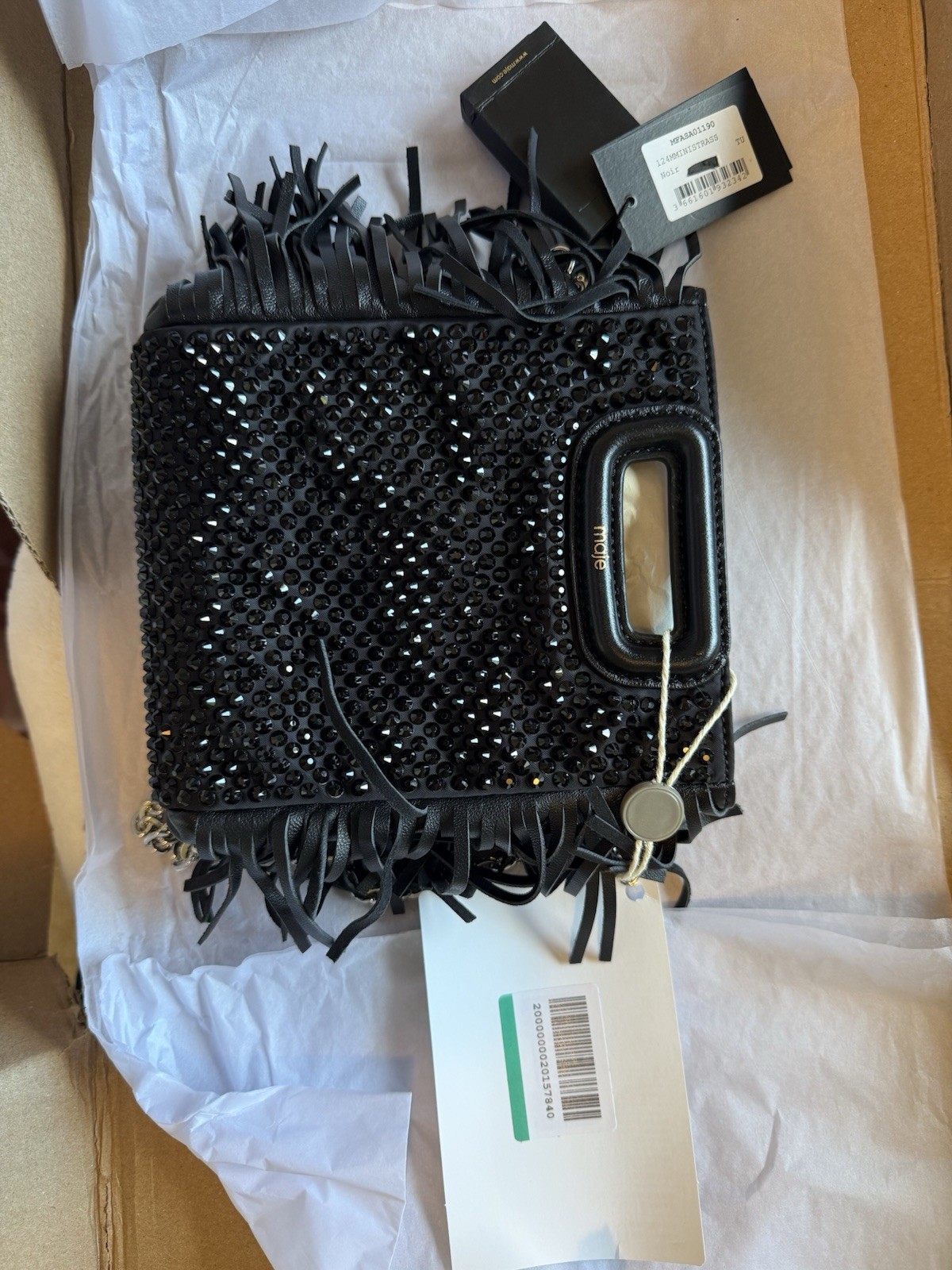Maje Black Small Crossbody Bag Beaded Fringe Rhinestone Silver Chain Zip