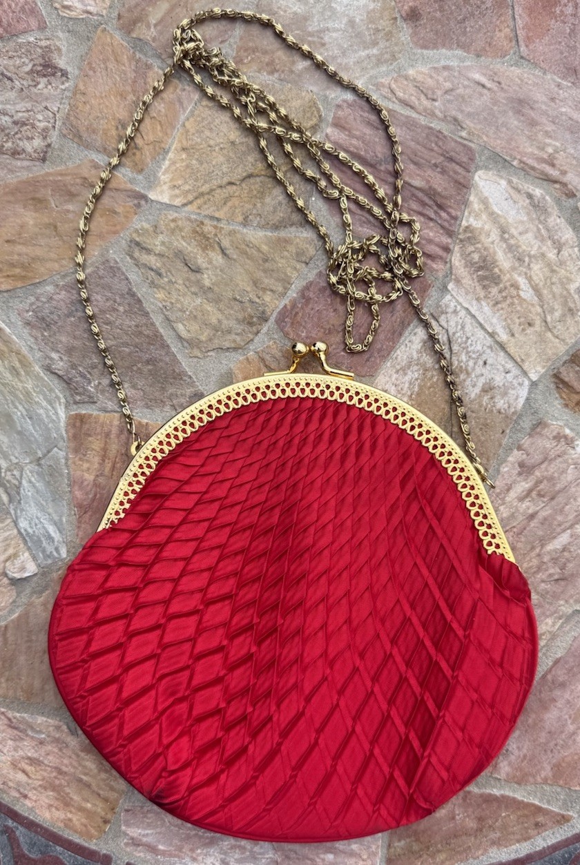 Vintage Ruby Red Satin Clutch Romantic Gold Chain Evening Bag Old Hollywood